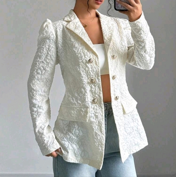 Women's Lapel Collar Elegant Gigot Sleeve Waist-Decorative Button Suit Jacket - Picture 3 of 5